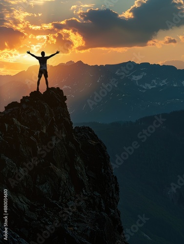 A person stands at the peak of a mountain, enjoying the beautiful view of the setting sun