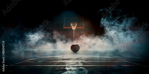 Basketball court with ball and hoop in a smoky atmosphere, highlighting the sport's dynamic and dramatic essence.