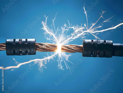 Closeup of electrical wires sparking with blue background, showcasing energy and electricity concepts in a vivid visual.