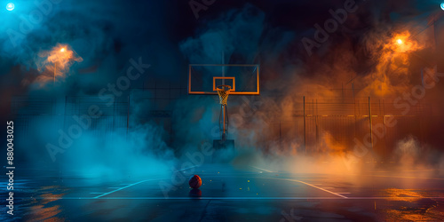 Moody basketball court with dramatic lighting and fog, highlighting a basketball hoop and ball in the center of the court, defining the scene.