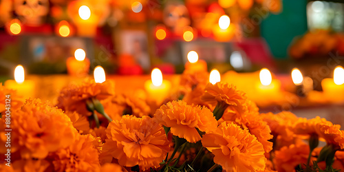 Flores de cempasúchil en primer plano, de fondo altar de día de muertos borroso