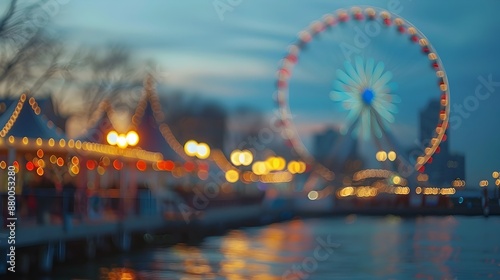 Blurred Ferris Wheel with Vibrant Lights Reflecting on the Water at Night on the City Pier