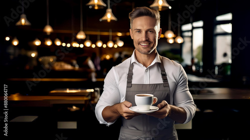 UM JOVEM E BONITO GARÇON USANDO AVENTAL EM PÉ COM SERVINDO CAFÉ EM UM RESTAURANTE OU CAFETERIA