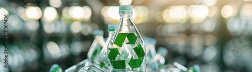 Close-up of a transparent bottle with a recycling symbol, representing eco-friendly practices and sustainability in packaging.