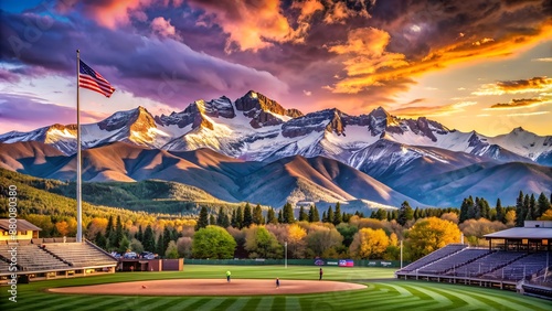 Scenic sunset over snow-capped mountains and baseball field