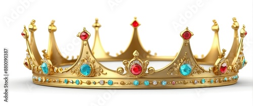 A luxurious gold crown adorned with vibrant gemstones, symbolizing royalty, power, and grandeur, suitable for regal themed events and celebrations