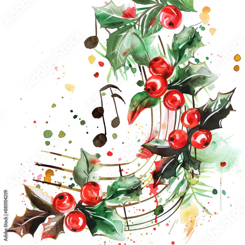 Holiday music watercolor illustration isolated on transparent. Christmas png file for art work. 