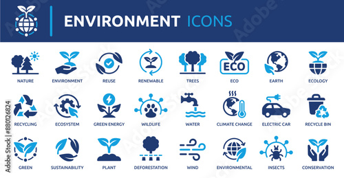 Environment icon set. Containing recycling, plant, nature, eco, earth, green energy, trees, ecology and more. Solid vector icons collection.