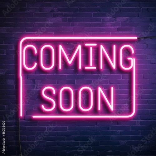 Vector isolated neon sign of the text COMING SOON typography logo on the brick wall background