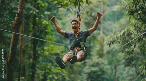 A man excitedly ziplining through a dense forest, showcasing the thrill of outdoor adventure and nature exploration.