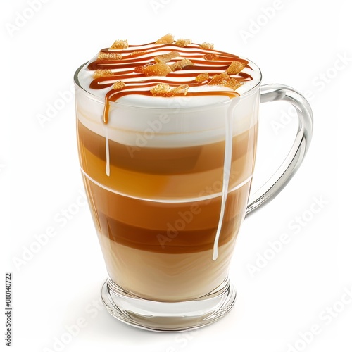 A rich caramel macchiato with a perfectly layered espresso and steamed milk topped with a caramel drizzle, served in a sleek glass mug, isolated white background