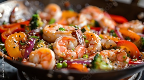 Delicious shrimp stir-fry in a wok with vibrant vegetables and sesame seeds, showcasing a colorful and healthy Asian dish.