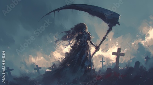 Death with a scythe in the cemetery