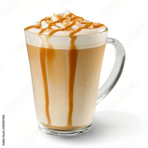 A smooth coconut caramel latte with a frothy top and caramel drizzle, isolated white background, realism art style