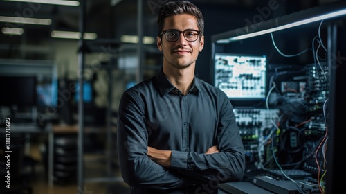 Young computer engineer smiling in high-tech office 