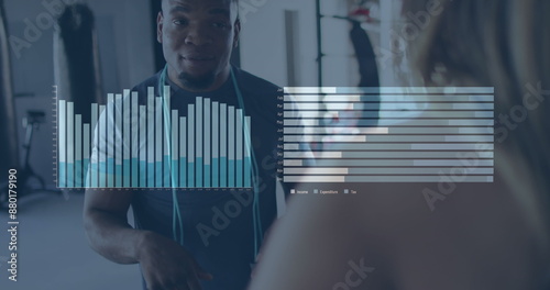 Image of graphs and bars over multiracial friends talking in gym after exercise