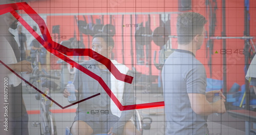 Image of graphs and numbers over multiracial buddies talking after exercise in gym