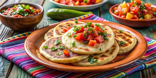 Traditional Salvadoran pupusas on a colorful plate with curtido and tomato salsa , Salvadoran, pupusas, colorful