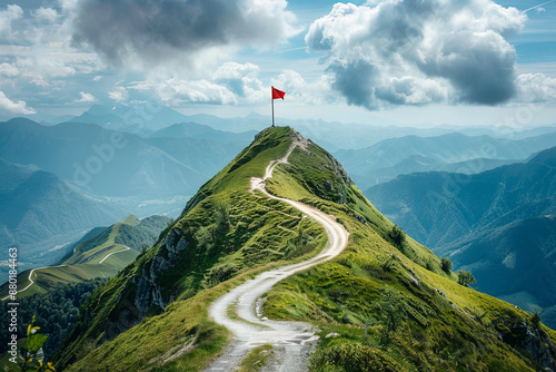 A winding road ascending a steep, isolated mountain peak topped with a flag, symbolizing the challenging journey to success