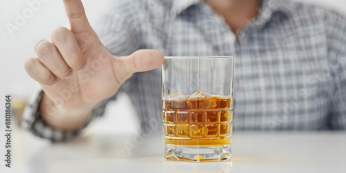 Man rejects alcohol by refusing a drink signaling to stop drinking. Concept Non-verbal communication, Decision-making, Alcohol refusal strategies, Peer pressure, Expressive gestures