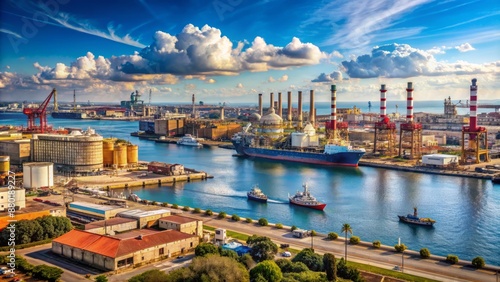 Panoramic view of Taranto's industrial zone featuring cargo ships docked alongside sprawling petrochemical plants and cranes under blue sky.