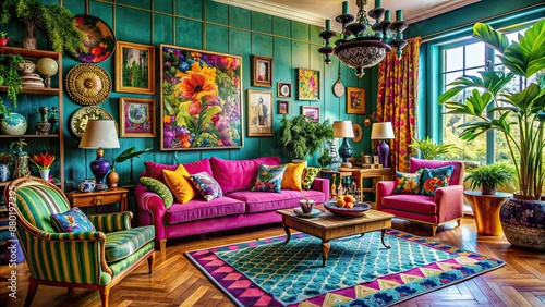 Vibrant maximalist living room bursting with bold colors and eclectic decor , vibrant, maximalist, living room, interior