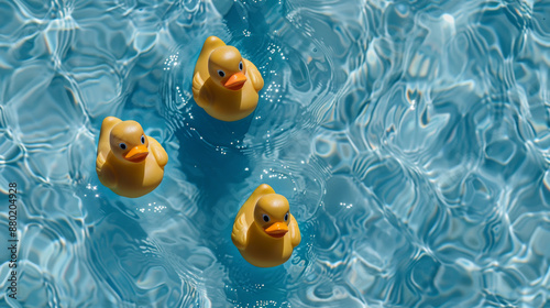 three rubber duckies laid out beautifully for top down photo, blue watery background