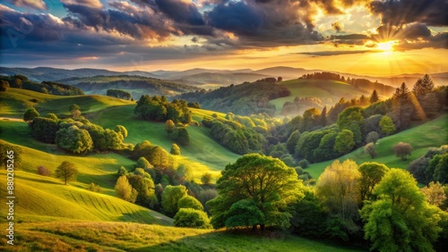 Warm golden light of sunset illuminates serene natural landscape with lush green trees and rolling hills in the background.