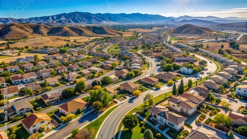 Birds-eye perspective of serene suburban landscape in Menifee California showcasing neatly arranged housing tracts and sun-kissed terrain stretching afar.