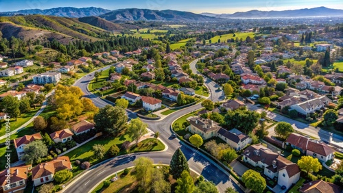 Serene daytime aerial view of sprawling suburban houses, lush greenery, and winding roads in Winchester, Southern California.