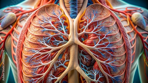 Macro view of intricately illustrated lungs anatomy model showcasing bronchi, trachea, alveoli, and pulmonary vessels in exquisite detail.