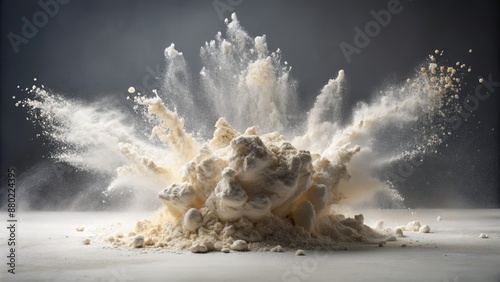 Soft powdery white flour bursts forth in a cloudlike formation against a clean and crisp isolated white studio background atmosphere.