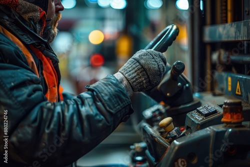 Close-up of a forklift operator's hands on the controls.