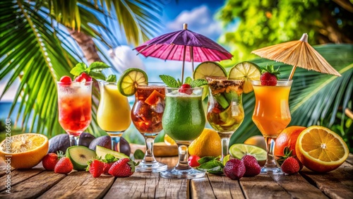 Vibrant tropical cocktails adorned with colorful umbrellas and garnished with fresh exotic fruits sit majestically on a rustic wooden table.