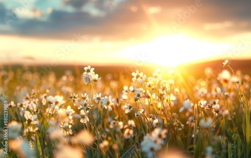 Beautiful field of wildflowers at sunset.