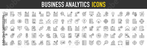 Business Analytics icon set with Business Analytics, Analytical Thinking, Policy, Growth, Business Chart, Stock Market, Manager, Strategic Plan, Reward, Mobile Analytics vector illustration.