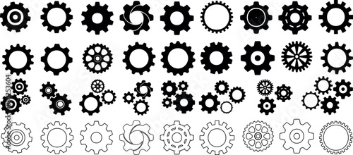 Gear icon vector set, black cogwheel vector collection, mechanical gear shapes, engineering symbols, industrial machinery, sprocket designs, abstract gearwheel graphics