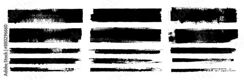 Straight line vector brush strokes. Black hand drawn stripes, smears. Chinese or Japanese calligraphy brushstrokes set. Rough grunge thick paint line texture. Vector sketch rectangle text boxes