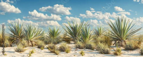 Hardy yucca plants thriving in sandy soil, 4K hyperrealistic photo