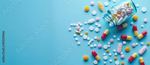 Top view of various colored pills, tablets, and capsules in a bottle on a blue background with copy space image available.