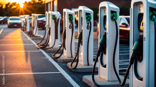 A line of electric vehicle charging stations with black cables and green charging ports against a backdrop of cars and a setting sun