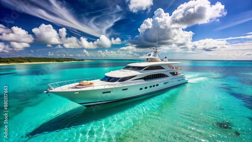 Luxurious white yacht sails through calm turquoise waters under clear blue sky with sleek deck and billowing white sails.