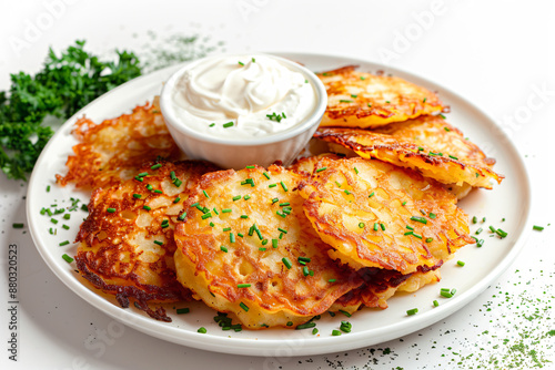 a plate of potato pancakes with a small bowl of sour cream