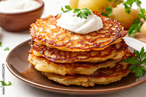 a plate of potato pancakes with sour cream