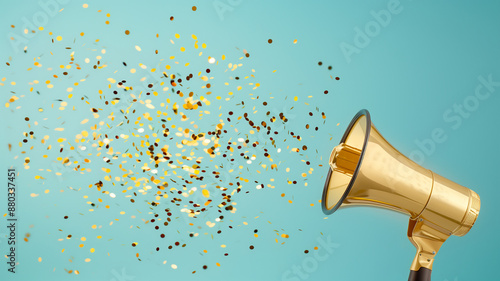 Megaphone with golden confetti, advertising and marketing concept, social media, announce positive and creative idea, discount sale