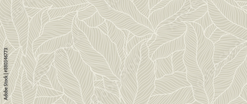 Abstract foliage line art vector background. Leaf wallpaper of tropical leaves, leaf branch, plants in hand drawn pattern. Botanical jungle illustration for banner, prints, decoration, fabric.