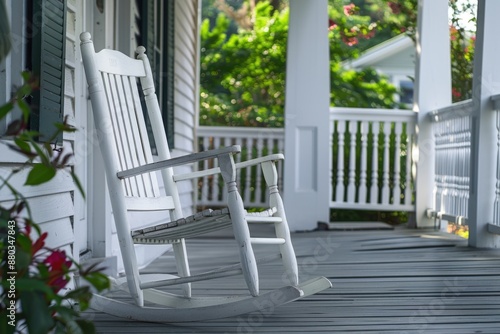 A classic white rocking chair sits atop a wooden porch, perfect for relaxing or enjoying the outdoors