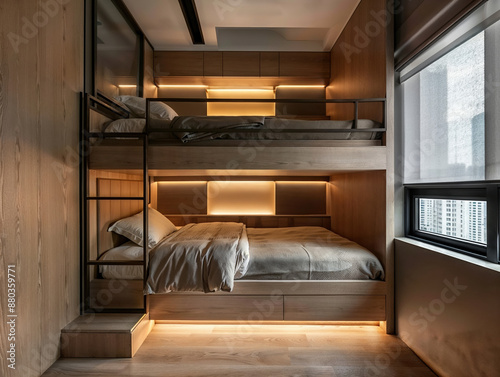 Interior of a modern minimalist kids bedroom with an empty bunk bed and warm lighting