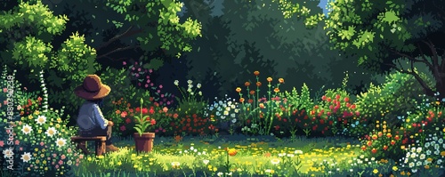 A pixel art rendition of a pixelated gardener tending to their pixelated plants, nurturing pixelated life and beauty.