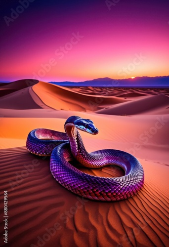 majestic serpent roaming mystical desert landscape, snake, scales, reptile, slithering, reptilian, wilderness, wildlife, dunes, arid, wasteland, environment, terrain